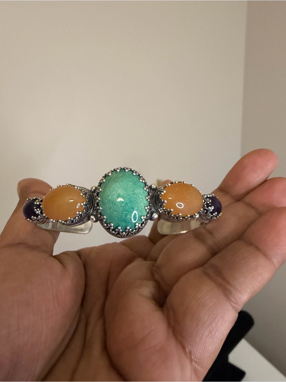 Carolyn Pollack Silver Bracelet with Turquoise-Green, Peach and Purple Stones
